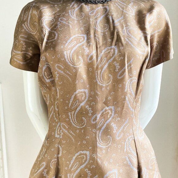Vintage Paisley Print Beige Blue Earthtones Short Sleeve Fit and FLare Dress S - Picture 4 of 10